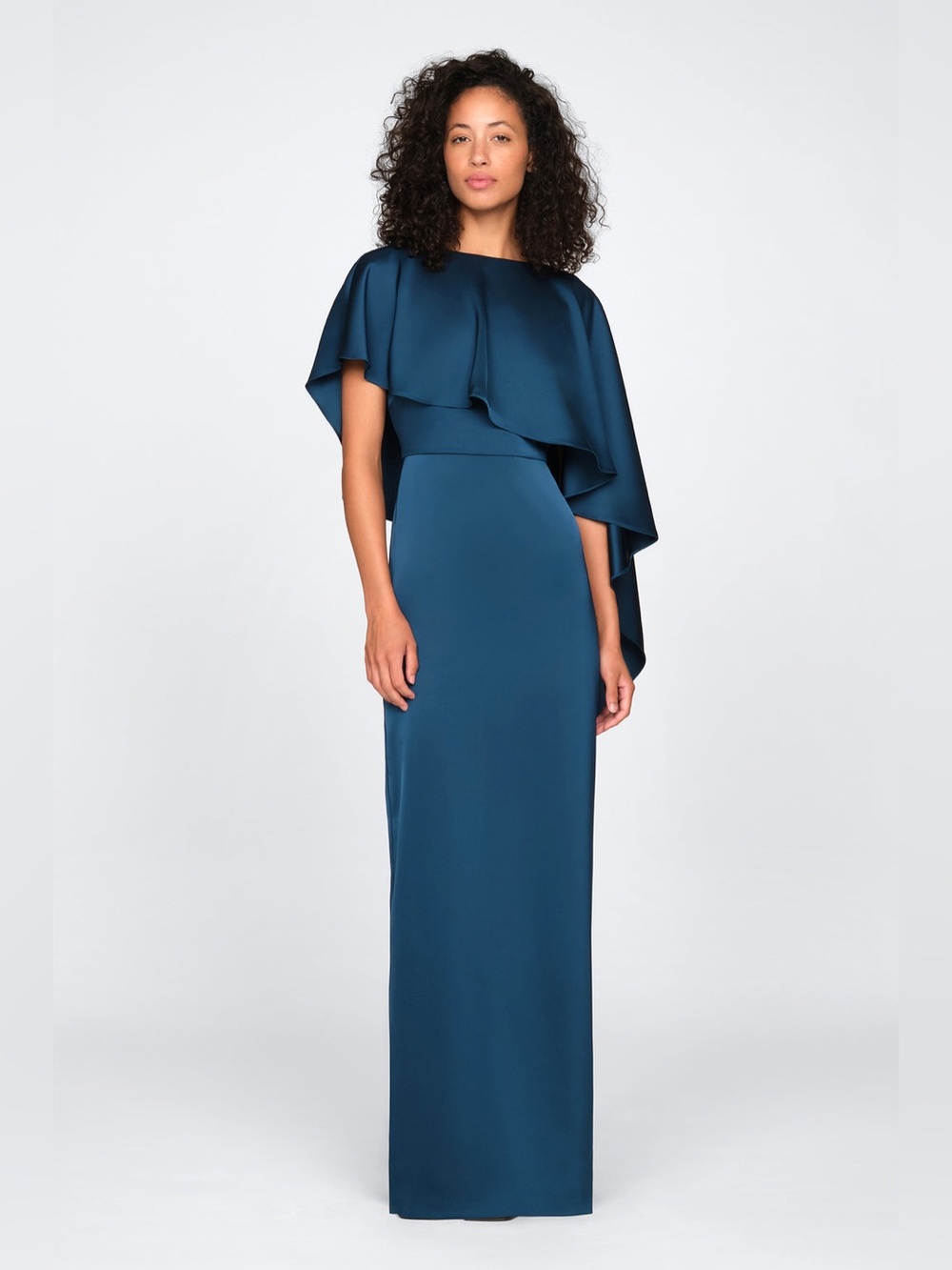 Theia Karis Teal Cape-Overlay Evening Gown